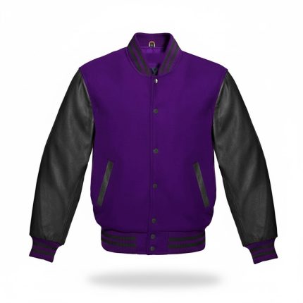 Varsity jacket purple wool body and black leather sleeves