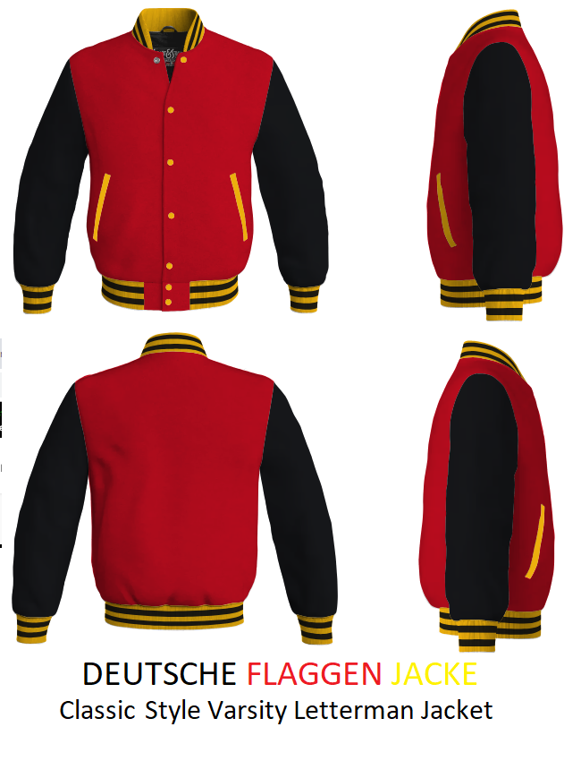 German flag classsic style snap varsity letterman jacket with Wool body & genuine leather sleeves | Deutchland flaggen varsity snap jacke | High quality germany flag with wolle body and leder sleeves