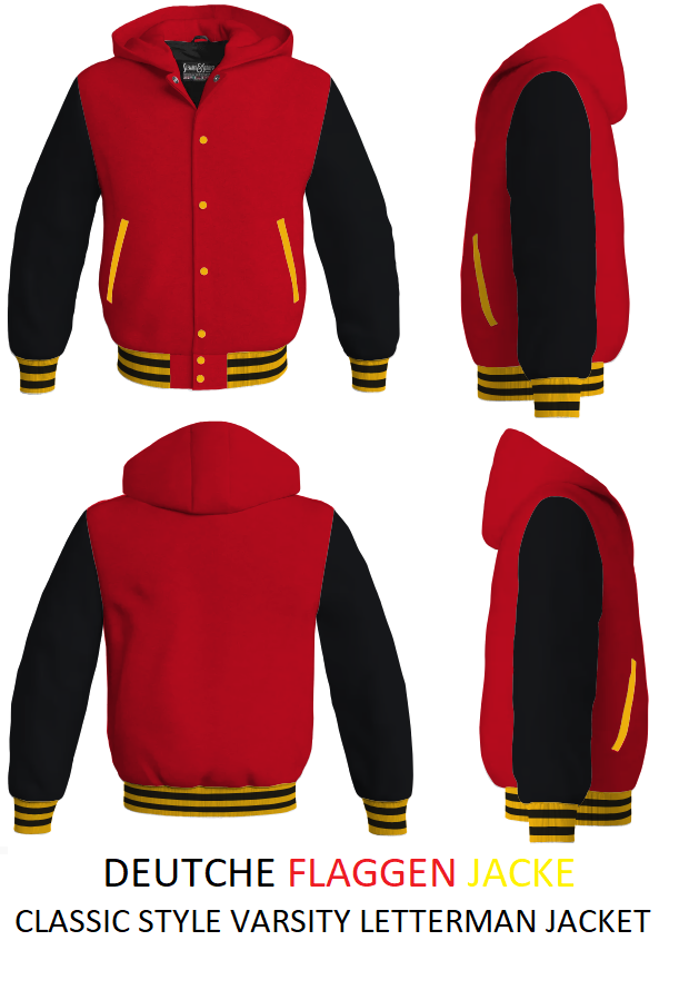German flag hoodie style varsity letterman snap jacket with wool body & genuine leather sleeves | Deustchland flaggen jacke with snap | High quality varisty germany flag |  Handmade deutschland flaggen jacke with leder sleeves