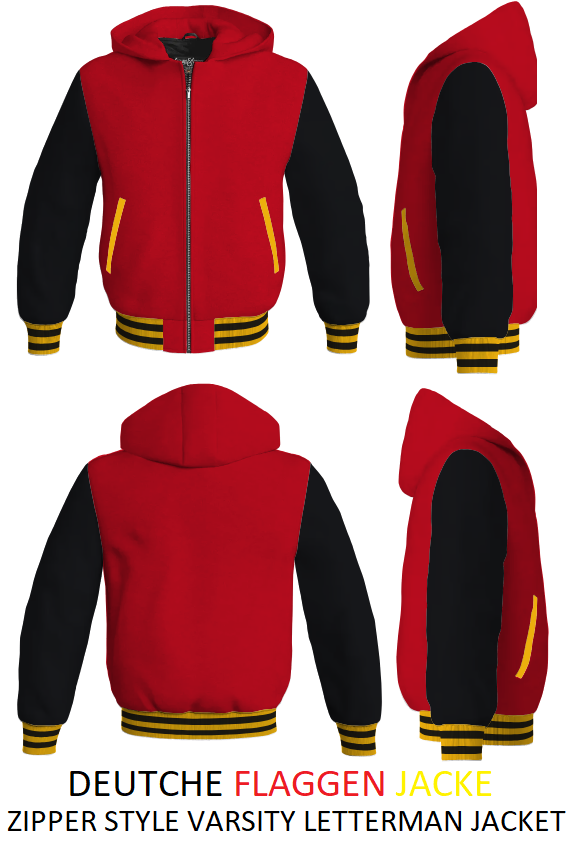 German flag hoodie style varsity letterman zipper jacket with wool body & genuine leather sleeves | Deutschland hoodie style flaggen varsity jacke | German flaggen jacke with zipper | Wolle varsity jacke with leder sleeves
