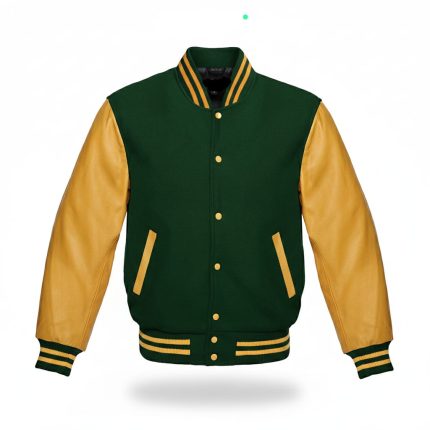Dark green and golden varsity letterman baseball bomber jacket with wool body and leather sleeves | High quality baseball bomber jacket | Handmade varsity baseball bomber jacket | Premium varsity jacke