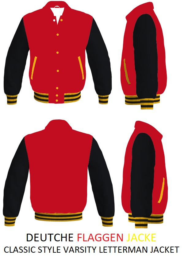 German flag retro style varsity snap letterman jacket with wool body & genuine leather sleeves | High quality deutschland flaggen varsity jacke | Deutschland flaggen jacke |